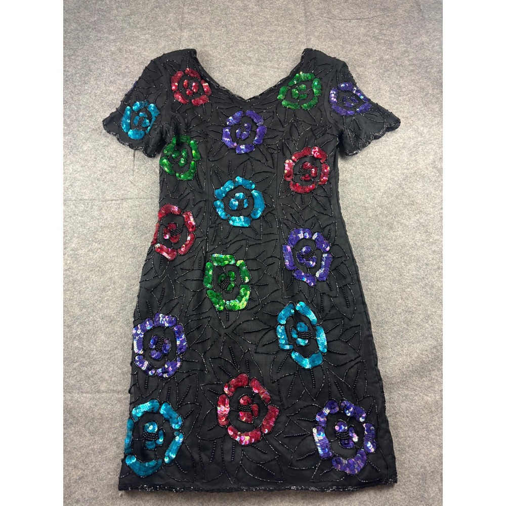 VTG Styleworks Black Beaded Mini Dress Floral Sequin Cocktail Party Sexy Women M